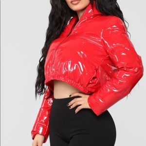 Fashion Nova Red Vinyl Cropped Puffer